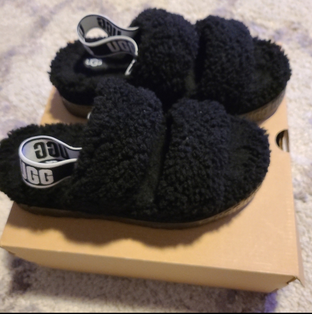UGG Black Fluffy Slippers